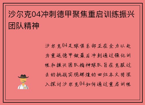 沙尔克04冲刺德甲聚焦重启训练振兴团队精神