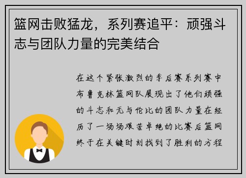 篮网击败猛龙，系列赛追平：顽强斗志与团队力量的完美结合