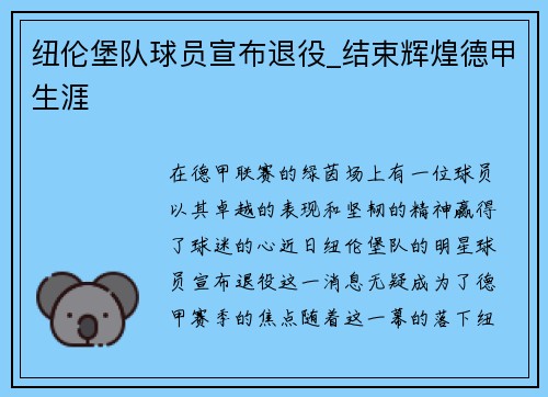 纽伦堡队球员宣布退役_结束辉煌德甲生涯