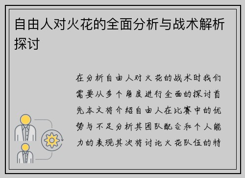自由人对火花的全面分析与战术解析探讨