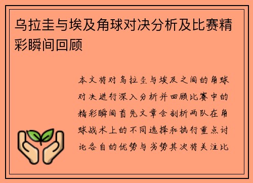 乌拉圭与埃及角球对决分析及比赛精彩瞬间回顾