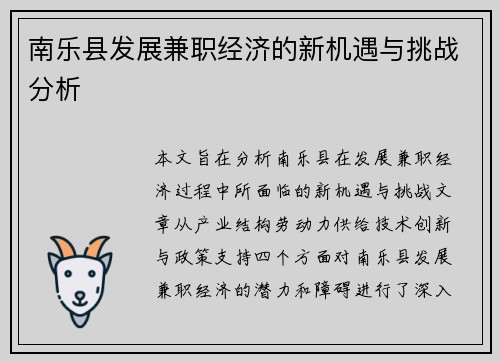南乐县发展兼职经济的新机遇与挑战分析