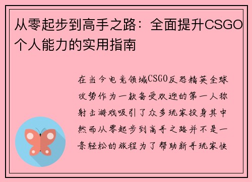 从零起步到高手之路：全面提升CSGO个人能力的实用指南